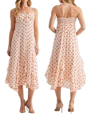 NEW LUSH Cream & Red CHIFFON Polka dot RUFFLE Handkerchief Hem SLIP Midi DRESS M